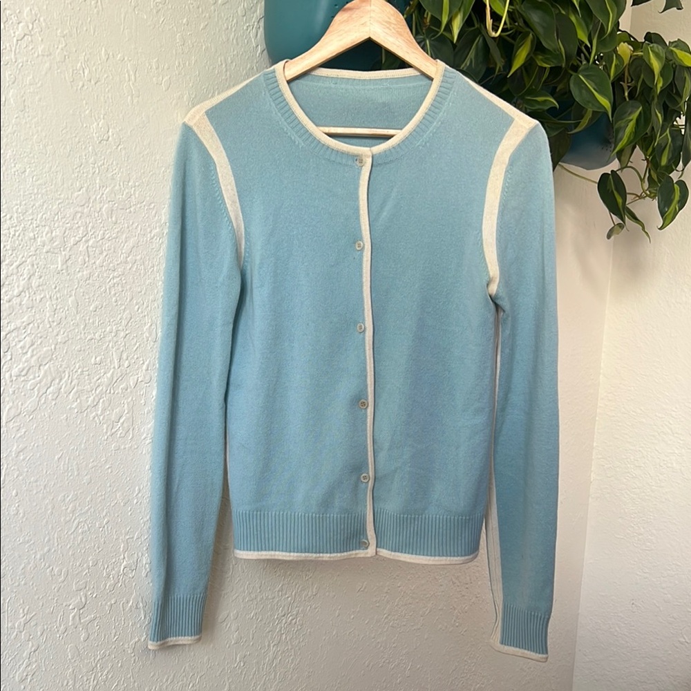 Women's Cashmere Light Blue Stripe Detail Cardigan Sweater Set